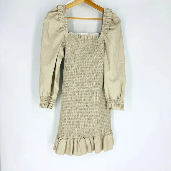 7 For All Mankind Womens Beige Smocked Square Neck Balloon Sleeve Mini Dress L - Picture 4 of 12